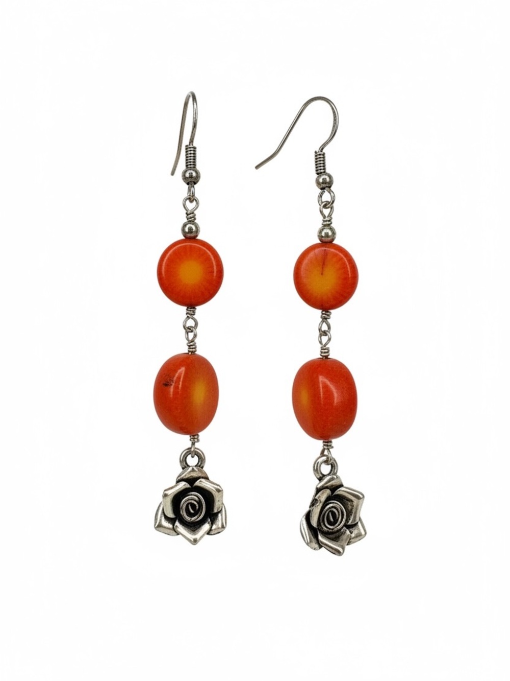 Sterling Silver Genuine Coral Beaded Dangle Earrings 925